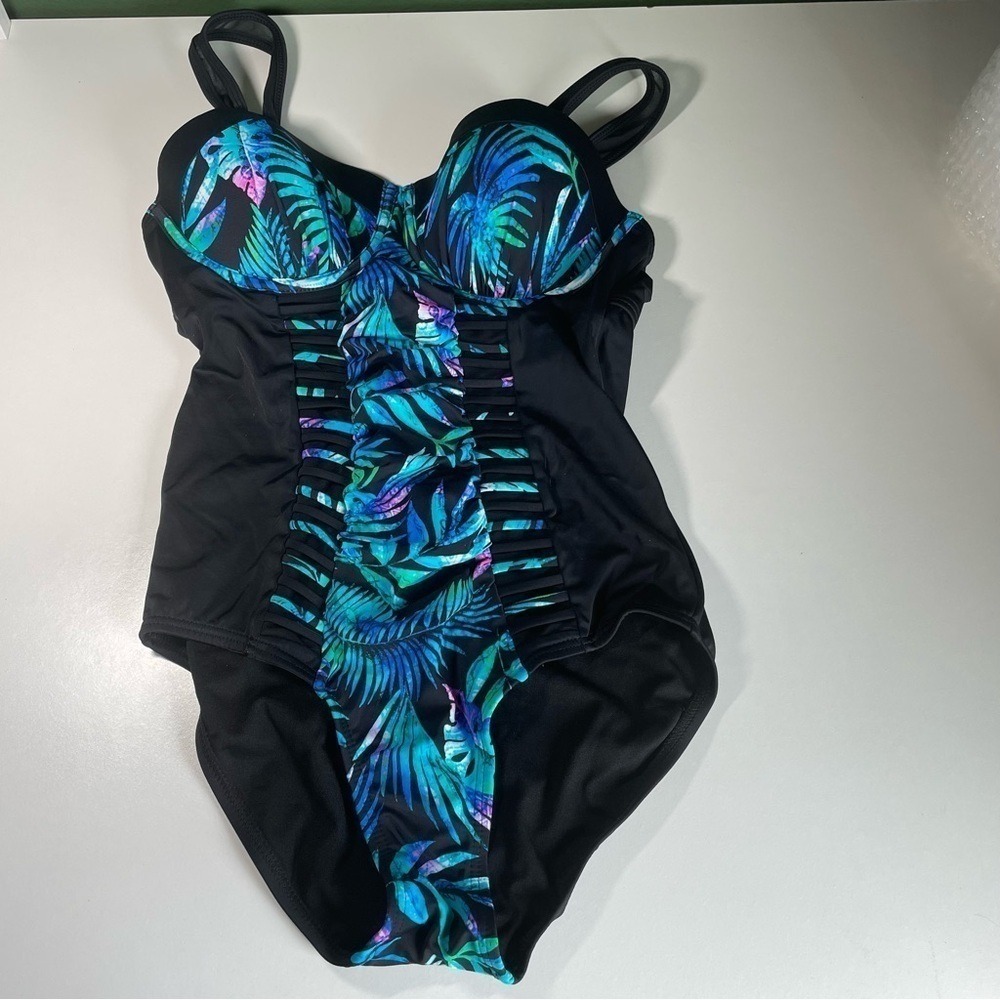 Black Tropical Leaf Print One Piece Swimsuit Tummy Control Lined sz 8 NWT